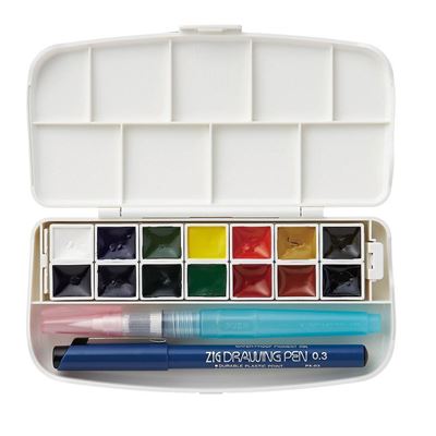 ZIG Kuretake Watercolor System Transparent Watercolor Set 14 Colors, Case & Pen
